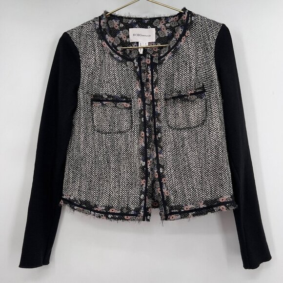 BCBGeneration Tweed Knit Sleeve Jacket Blazer S Black White Floral Trim - Picture 1 of 10